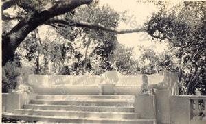 Image of Outdoor seating at end of walkway, J. Waldron Gillespie Estate, Montecito