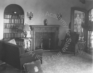 Image of Abrams residence, interior view of living room  with fireplace