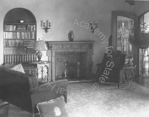 Image of Abrams residence, interior view of living room  with fireplace